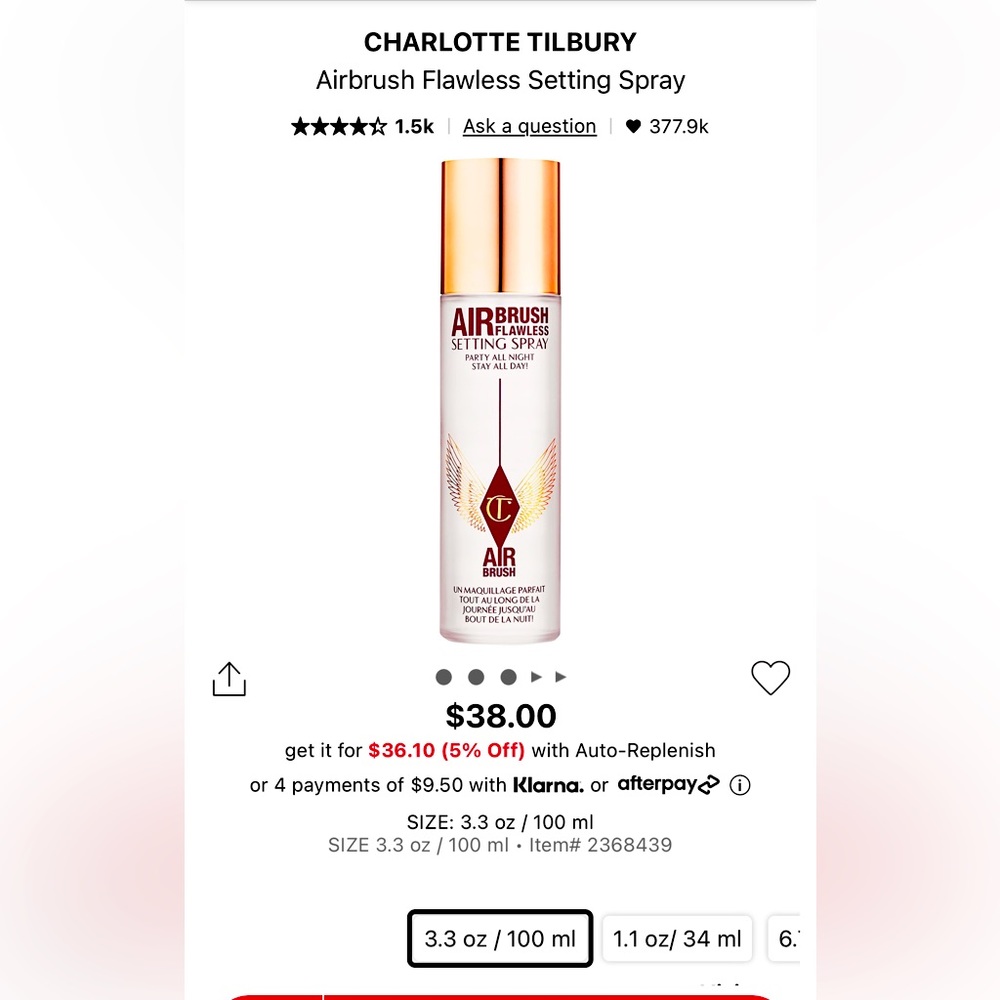 NIB Charlotte Tilbury Airbrush Flawless Setting Spray, 3.3 Fl. Oz.